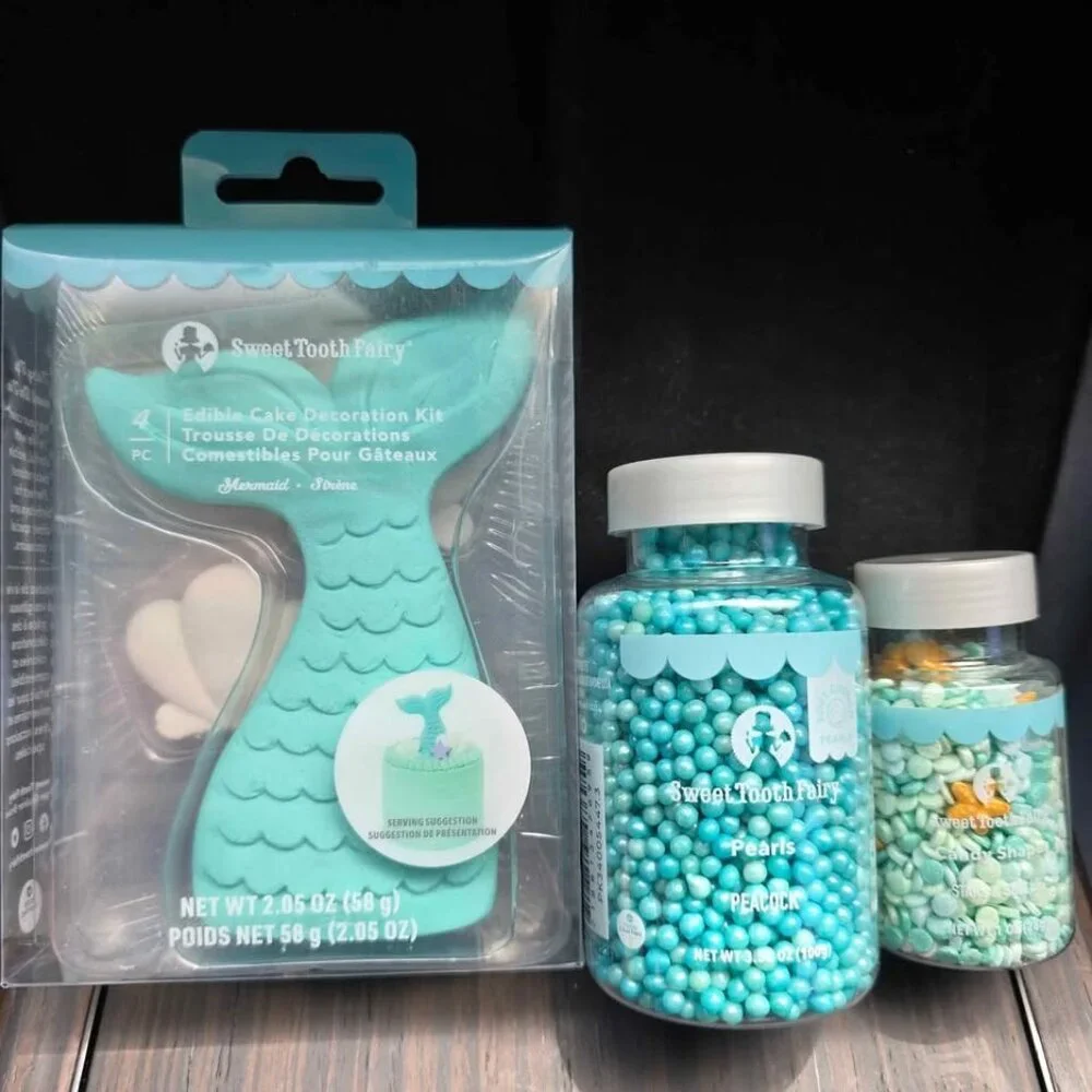 Mermaid tail cake toppers woth 2 jars of sprinkles. New in box Mermaid birthday
